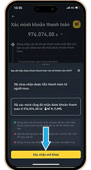 Bước 9: Nhấn "Xác nhận mở khóa" để hệ thống trả coin USDT cho người mua